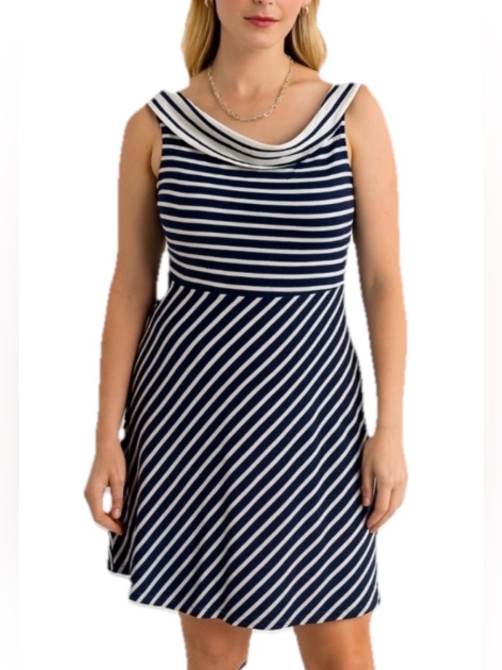 Vineyard Vines Striped Cowl Neck A- Line Dress Sleeveless Navy White Sz XS